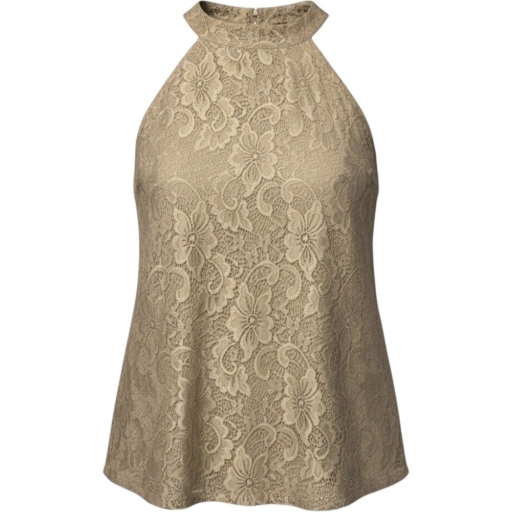 Cable & Gauge Women Tan Beige Floral Lace Halter Top High Neck Keyhole Blouse XL